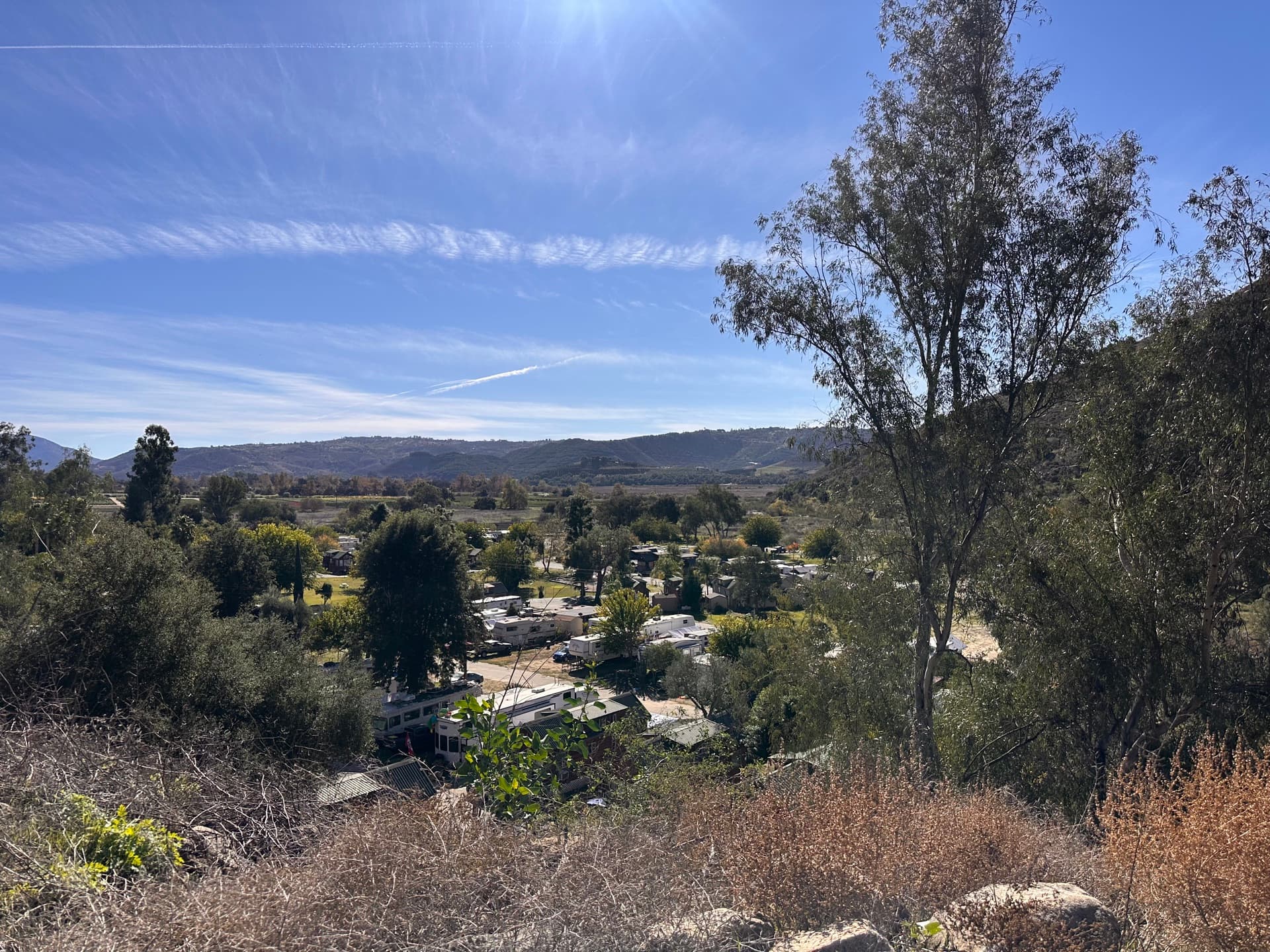 Wide overlook of Rancho Corrido RV Resort from hilltop San Diego County
